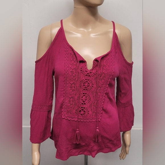 Eyeshadow Tops - Eyeshadow XS Off The Shoulder Top Lace Tassel Ties Magenta Pink New